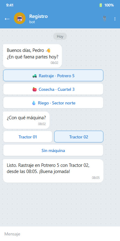 Bot de Registro preguntando la faena del día con opciones para elegir