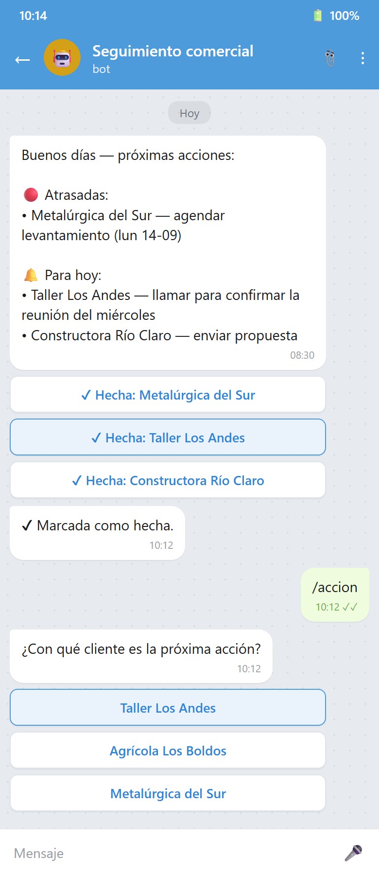 Recordatorio matinal del bot: acciones atrasadas y de hoy, con botón Hecha por cliente