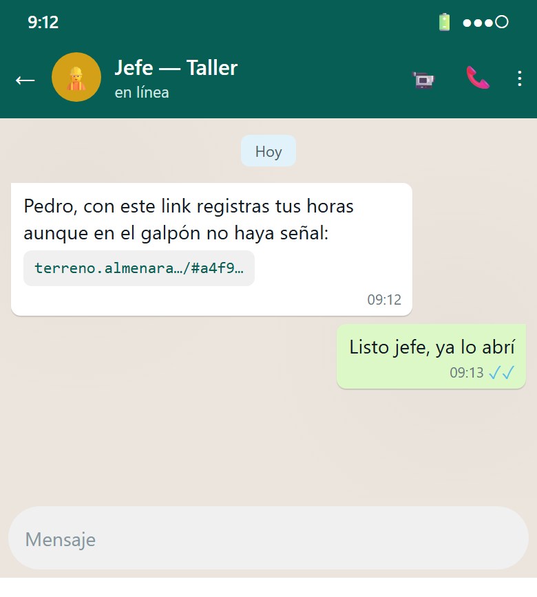 Conversación de WhatsApp donde el jefe envía el link de vinculación